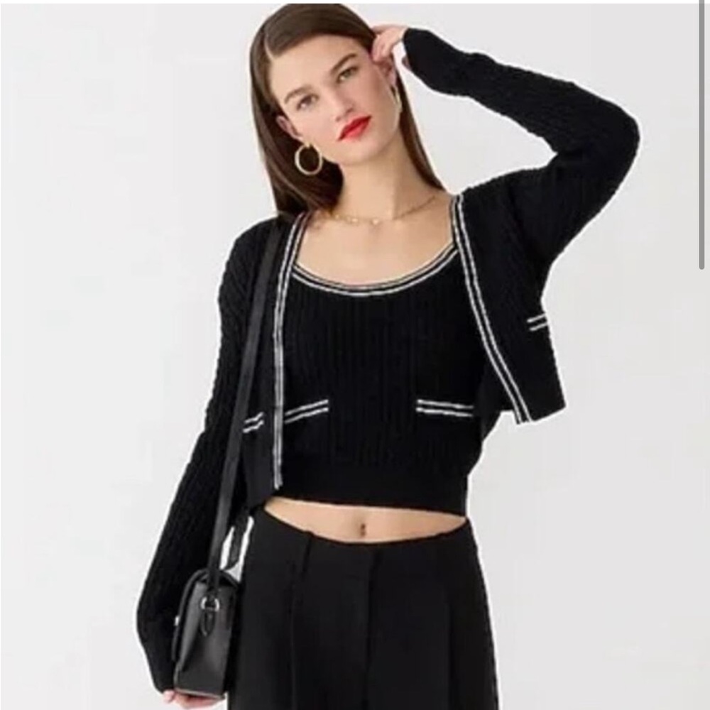 J.Crew Cropped Cable Knit Cardigan Tipped Black with h White Trim Sweater - Picture 2 of 10